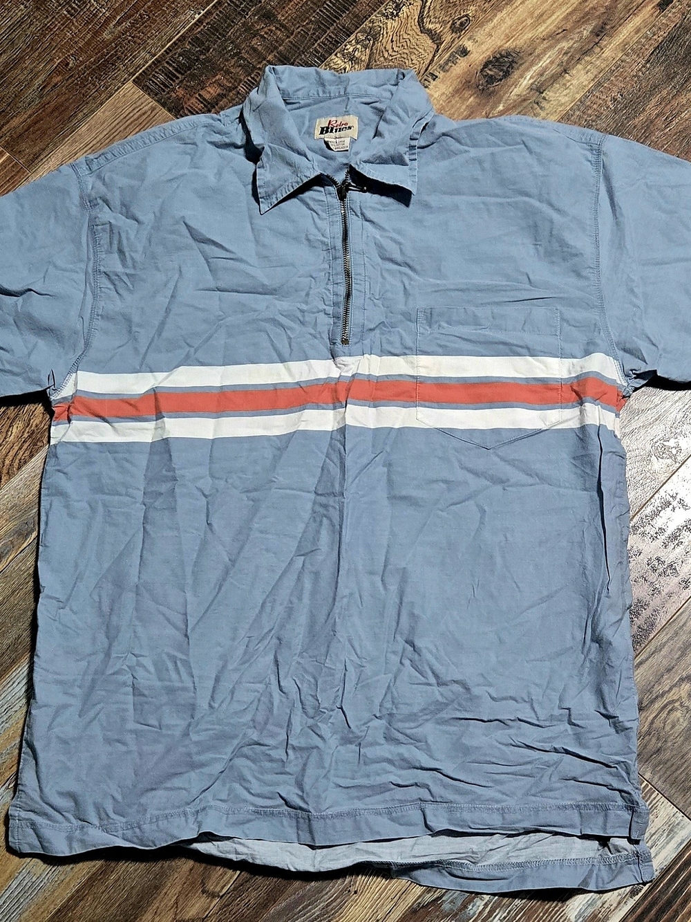 Vintage Retro Blues Blue Short Sleeve 1/4 Zip Polo Shirt Mens Large USA Made